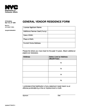 New York General Vendor Residence Form