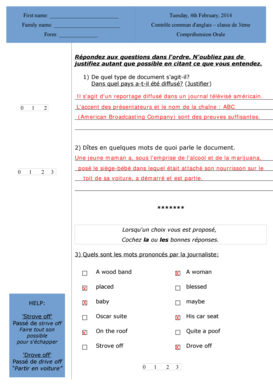 Formulaire de contrôle d'anglais