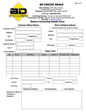 BD Engine Brake Return/Incoming Goods Form