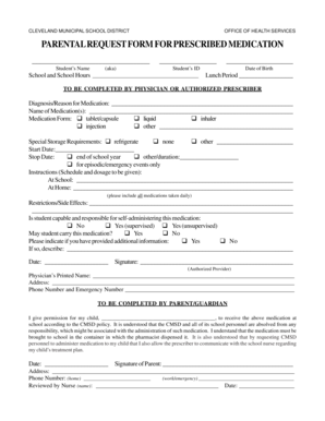 Cleveland School District Medication Request Form