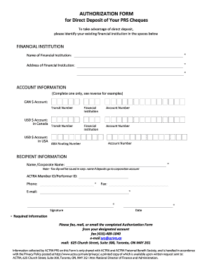 Authorization Form for Direct Deposit of PRS Cheques