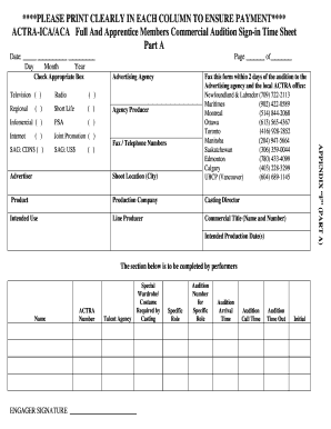 ACTRA-ICA/ACA Commercial Audition Sign-in Time Sheet