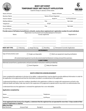 Temporary Body Art Facility Application