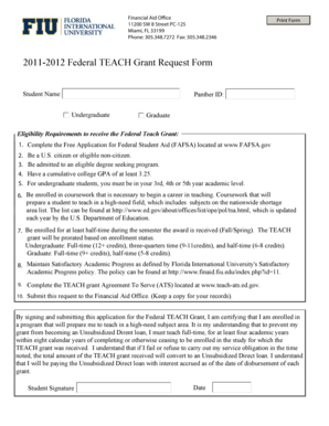 2011-2012 Federal TEACH Grant Request Form