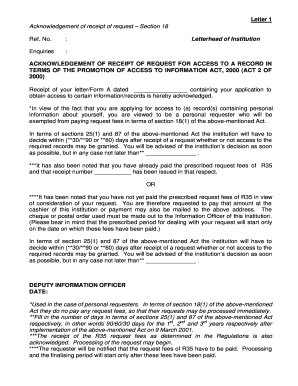 Acknowledgement of Receipt of Request for Access to a Record