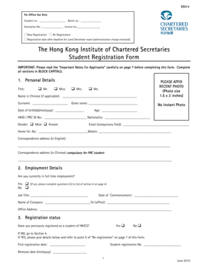 The Hong Kong Institute of Chartered Secretaries Student Registration Form