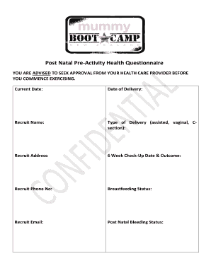 Post Natal Pre-Activity Health Questionnaire