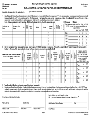 2013–14 Household Application for Free and Reduced Price Meals
