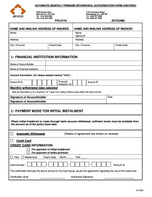 Automatic Monthly Premium Withdrawal Authorization Form (Ontario)