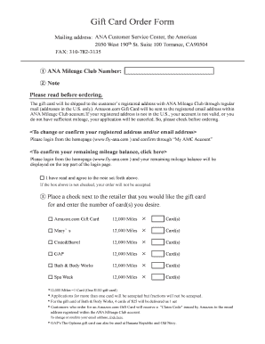 ANA Gift Card Order Form