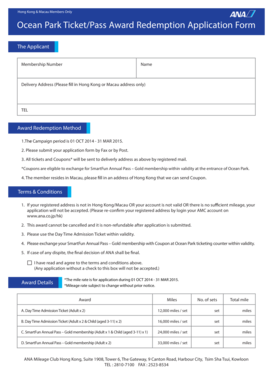 Ocean Park Ticket Award Redemption Application Form