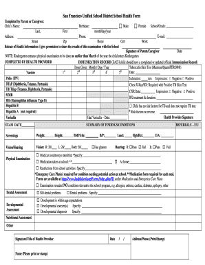 San Francisco Unified School District School Health Form