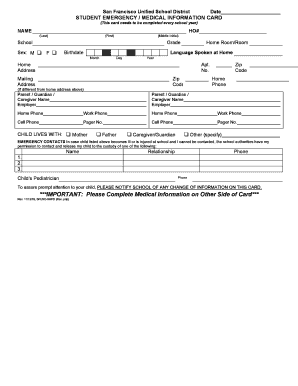 Student Emergency Medical Information Card