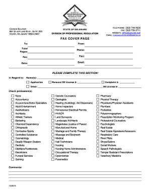 Delaware Professional Regulation Fax Cover Page