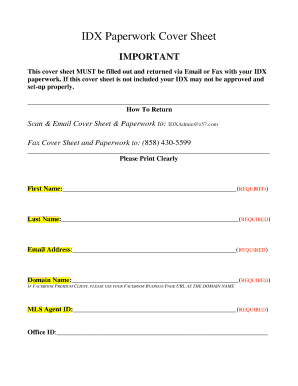 North Carolina IDX Paperwork Cover Sheet