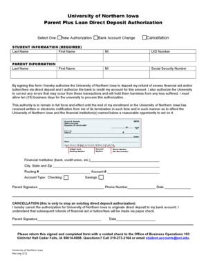University of Northern Iowa Parent Plus Loan Direct Deposit Authorization