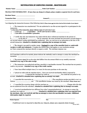 Mastercard Disputed Charge Notification Form