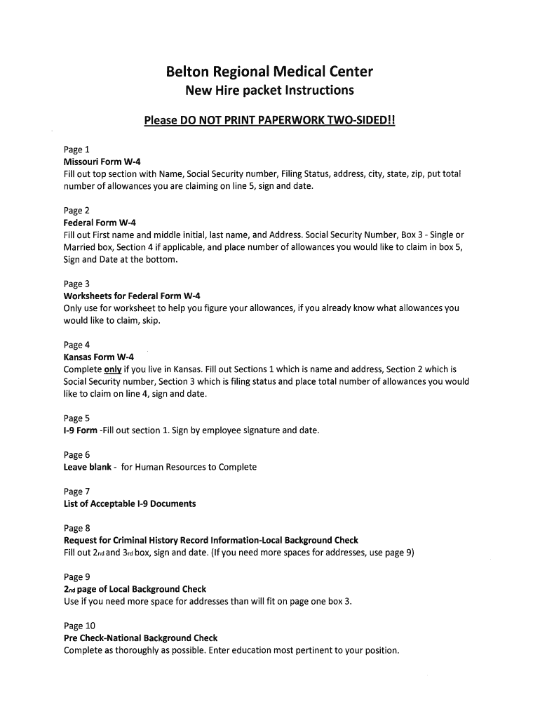 Fillable Online Belton Regional Medical Center New Hire Packet Belton