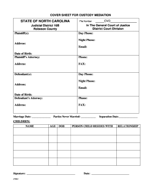 Cover Sheet for Custody Mediation