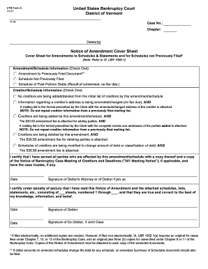 Bankruptcy Amendment Cover Sheet