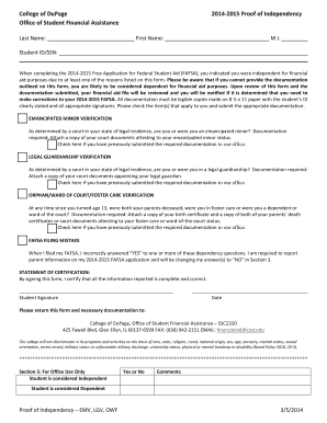 2014-2015 Proof of Independency Form