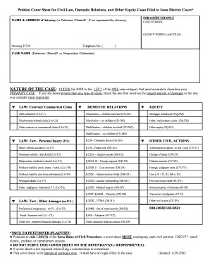 Iowa Civil Law Petition Cover Sheet