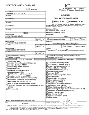 North Carolina Civil Action Cover Sheet