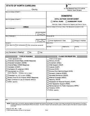 North Carolina Civil Action Cover Sheet