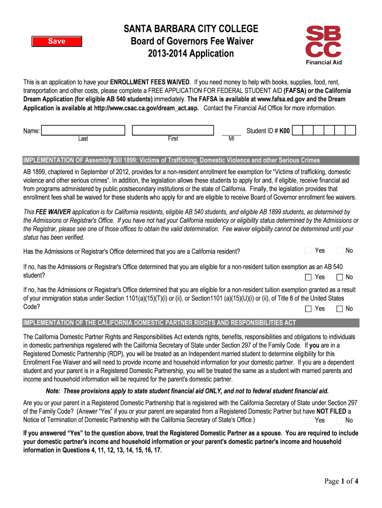 Fillable Online sbcc SANTA BARBARA CITY COLLEGE Board of Governors Fee