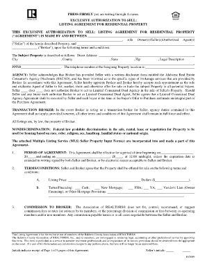Exclusive Authorization to Sell Listing Agreement for Residential Property