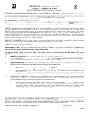 Exclusive Authorization to Sell Listing Agreement for Unimproved Land/Lot