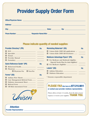 Provider Supply Order Form
