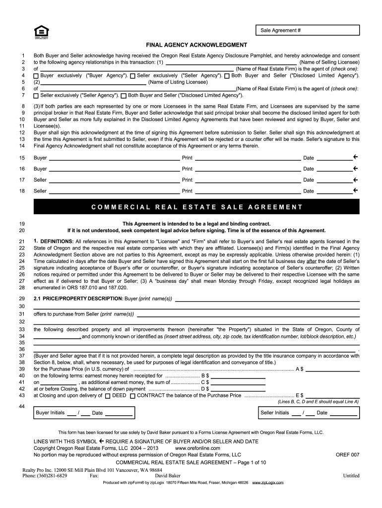 OREF-007 - Commercial Sale Agreement - Realty Pro Preview on Page 1.