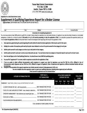 Texas Real Estate Broker License Application Supplement A