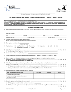 The Hartford Home Inspector’s Professional Liability Application