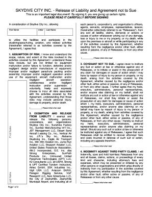 Skydive City Release of Liability and Agreement not to Sue