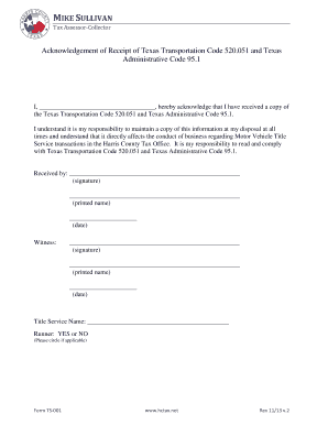 Acknowledgement of Receipt of Texas Transportation Code 520.051