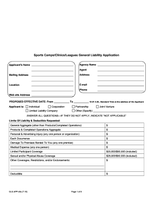 Sports Camps/Clinics/Leagues General Liability Application