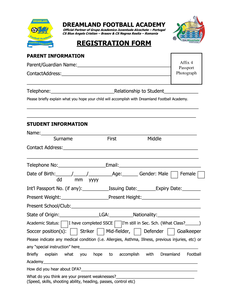 Football Academy Registration Form