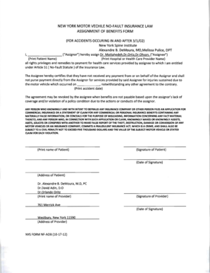 New York Motor Vehicle No-Fault Insurance Assignment of Benefits Form