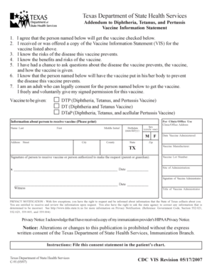 Texas Diphtheria Tetanus Pertussis Vaccine Consent Form