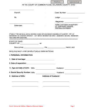 Ohio Divorce Affidavit No Children