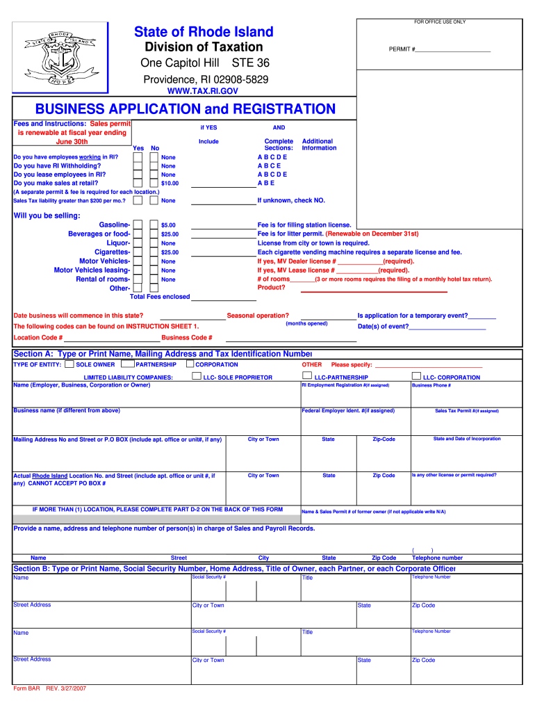 ri business application and registration form Preview on Page 1.