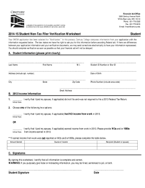 2014-15 Student Non-Tax Filer Verification Worksheet