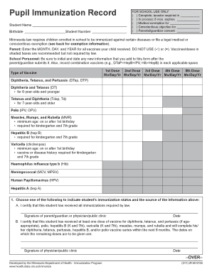 Minnesota School Immunization Record