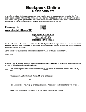 Backpack Online Subscription Form