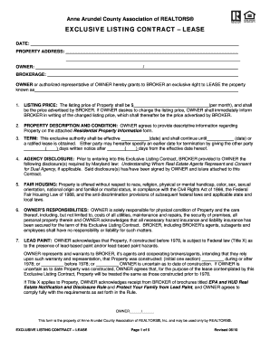 Anne Arundel County Exclusive Listing Contract Lease