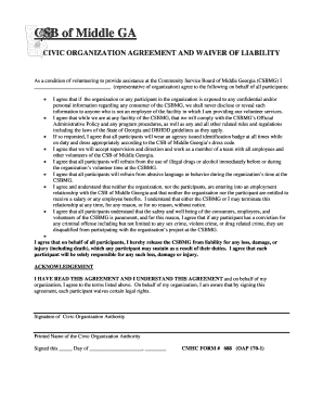 Civic organization agreement and waiver of liability form