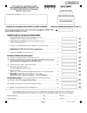 Philadelphia 2012 Business Income & Receipts Tax Form