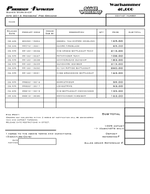 Warhammer 40,000 Pre-Order Form